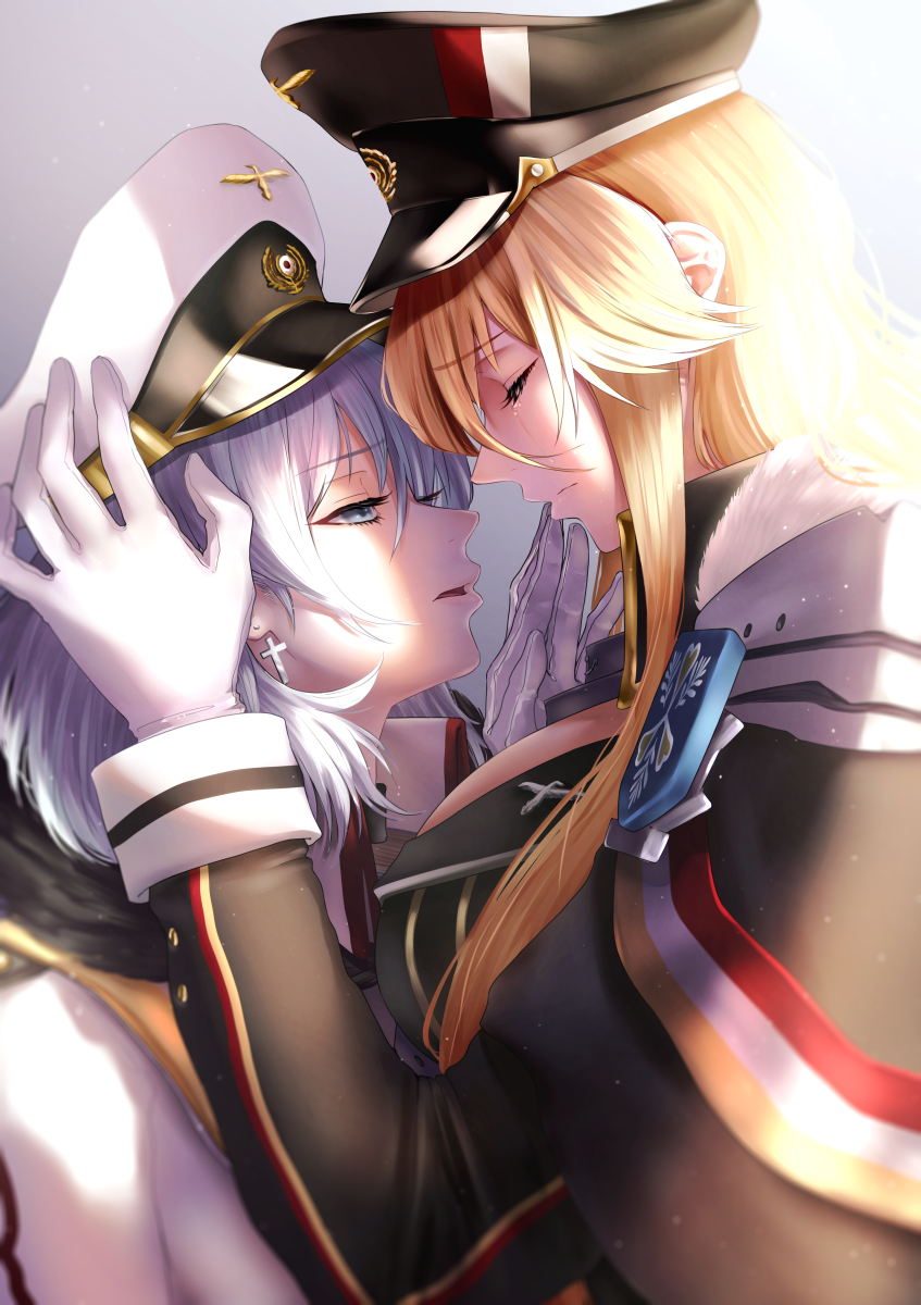 2girls, azur_lane, bismarck_(azur_lane), earrings, eyebrows_visible_through_hair, gloves, hat, highres
