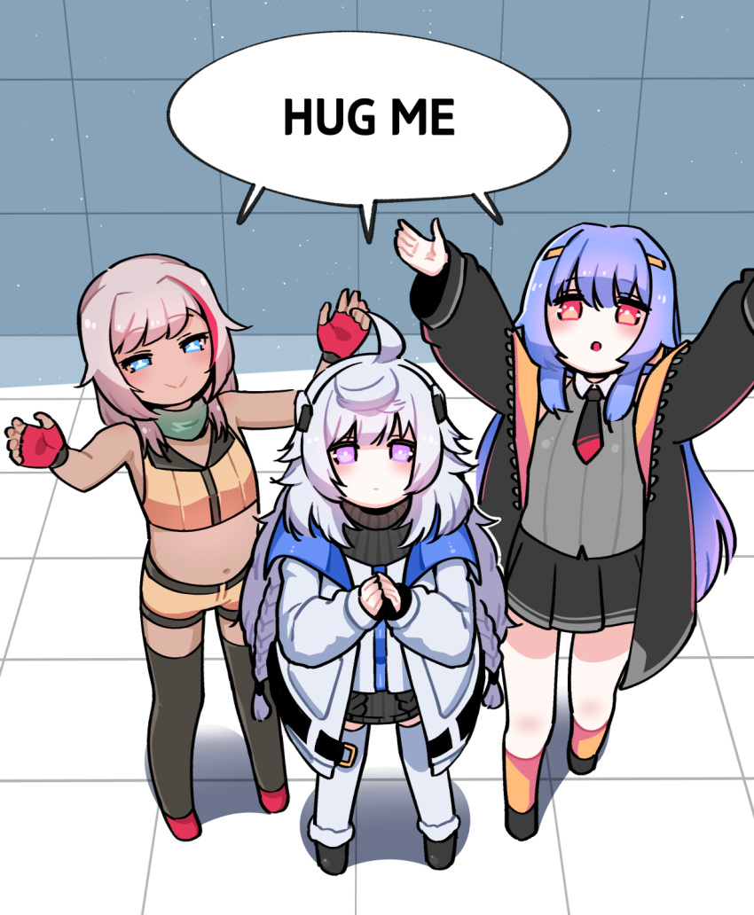 3girls, :>, ahoge, bangs, black_legwear, blue_eyes, blue_hair, braid, coat, dark-skinned_female, dark_skin, dress, english_text, fingerless_gloves, full_body, gloves, hair_ornament, hairband, hairclip, highres, lancer_mina, last_origin, long_hair, looking_at_viewer, midriff, mogijabgo, multiple_girls, navel, necktie, outstretched_arms, pink_hair, pleated_skirt, red_eyes, silver_hair, skirt, smile, sweater, sweater_dress, thigh-highs, tiamat_(last_origin), twin_braids, ullr_(last_origin), very_long_hair, violet_eyes, white_legwear