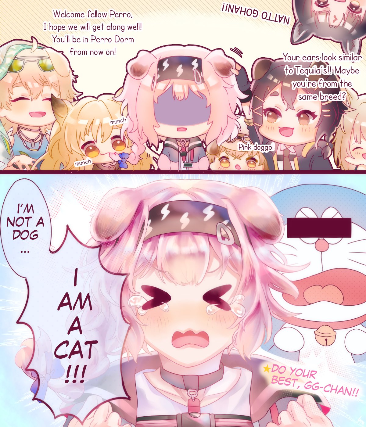 2boys, 2koma, 5girls, :d, ahoge, animal_ear_fluff, animal_ears, arknights