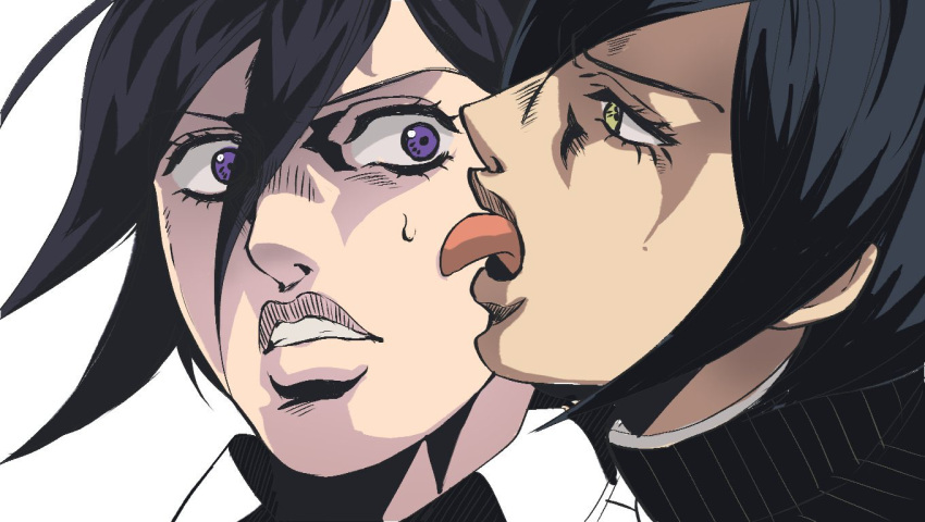 2boys, araki_hirohiko_(style), black_hair, black_jacket, danganronpa_(series), danganronpa_v3:_killing_harmony, derivative_work, face, jacket, licking, licking_another's_cheek, licking_another's_face, male_focus, meme, mu43960168, multiple_boys, ouma_kokichi, parody, saihara_shuuichi, screencap_redraw, striped, striped_jacket, style_parody, sweat, sweatdrop, taste_of_a_liar_(meme), violet_eyes, yellow_eyes