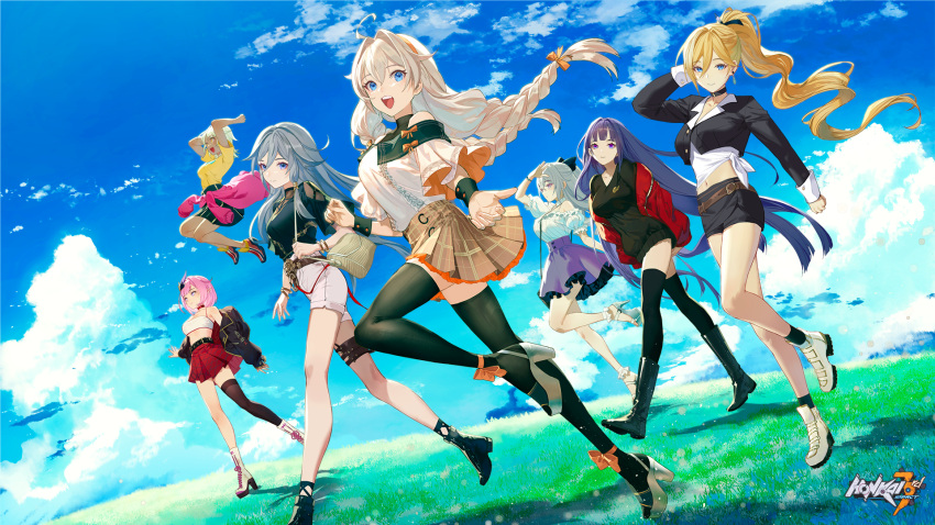 6+girls, :d, bare_shoulders, bianka_durandal_ataegina, black_footwear, black_jacket, black_shirt, black_shorts