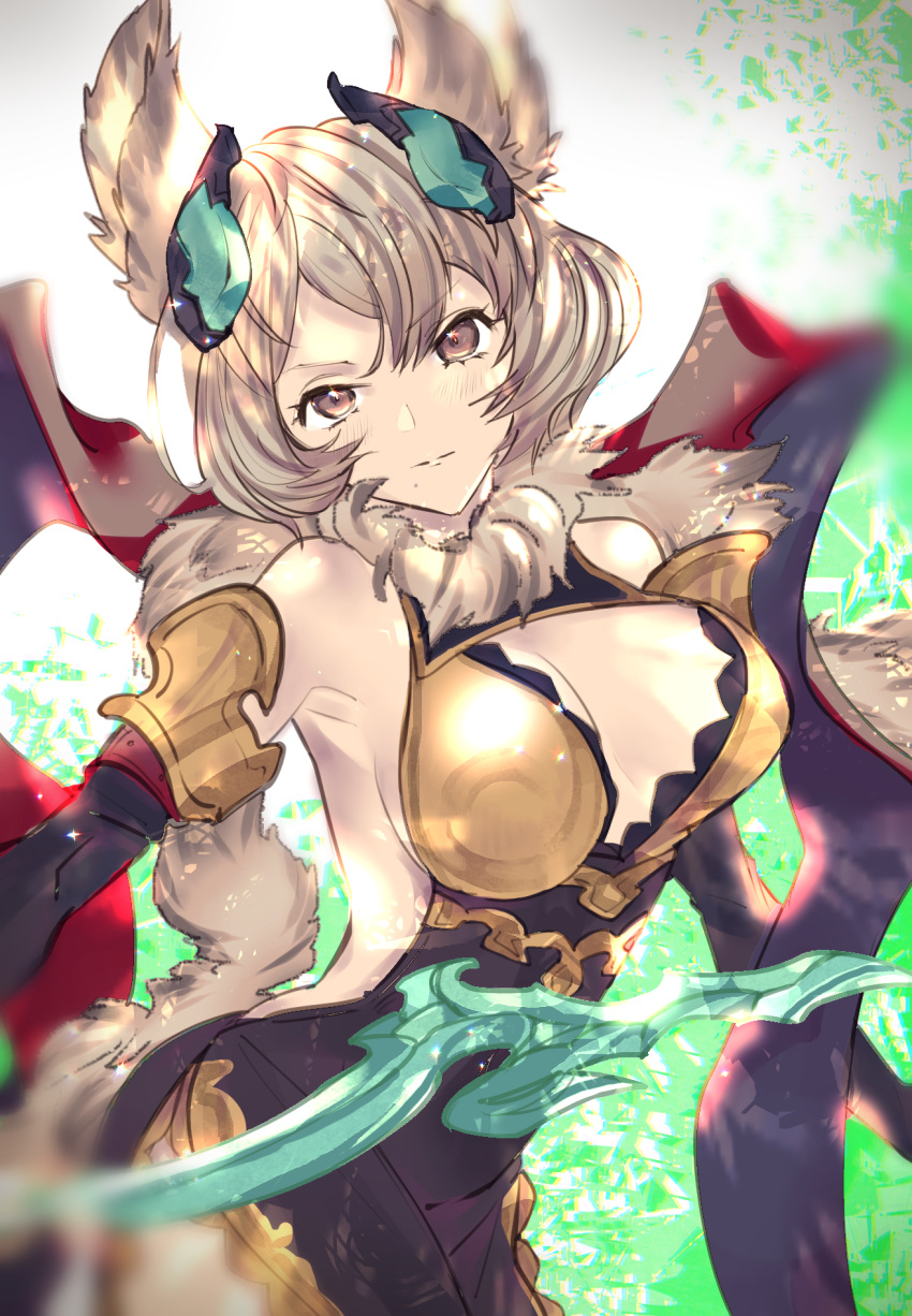 >:(, 1girl, animal_ears, annoyed, arched_back, armor, backless_outfit, bangs