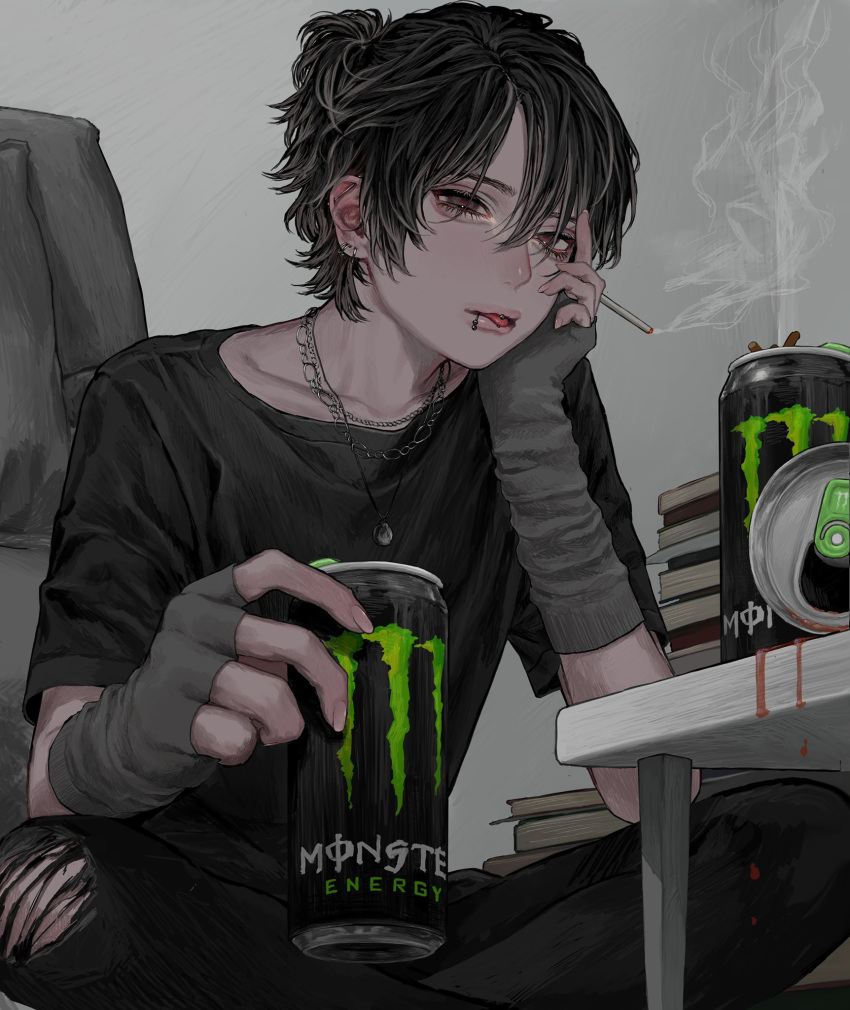 1boy, androgynous, black_hair, book, can, cigarette, energy_drink, eyebrows_visible_through_hair
