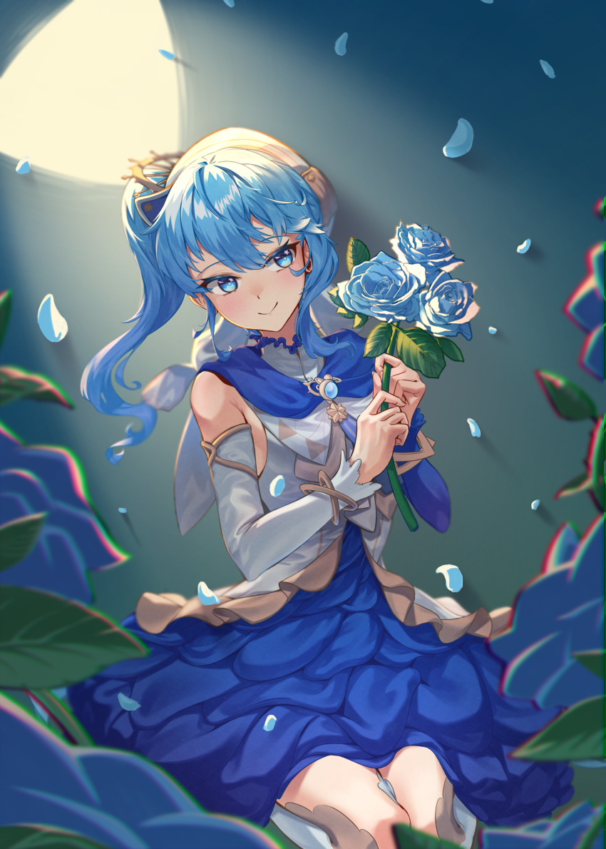 1girl, absurdres, bangs, blue_eyes, blue_flower, blue_hair, blue_rose, blue_skirt