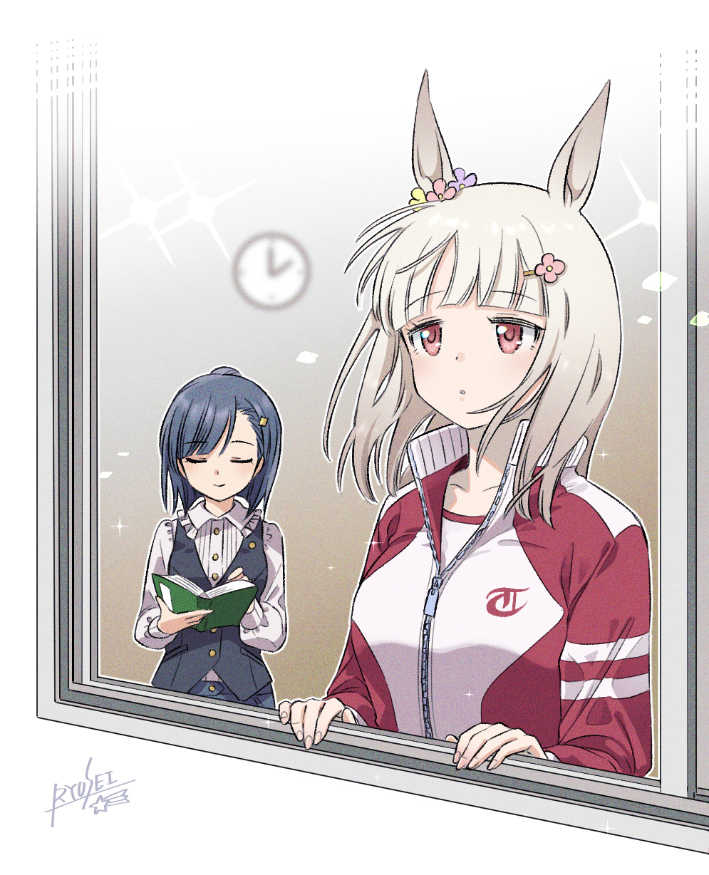 2girls, animal_ears, artist_name, asymmetrical_bangs, bangs, blue_hair, blush, book