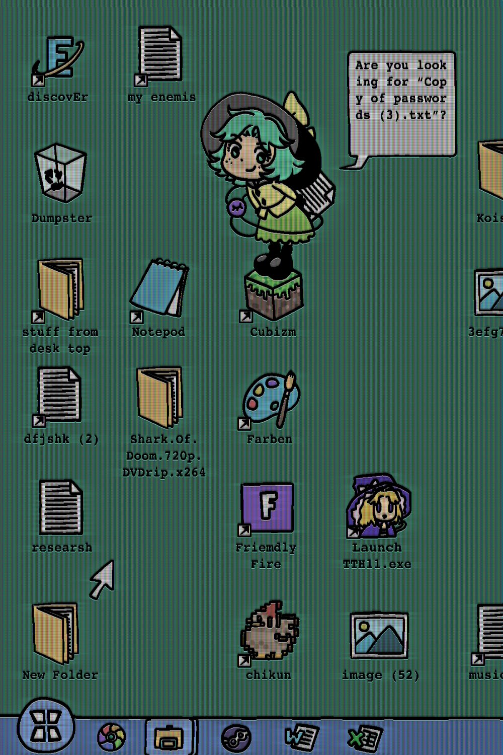 black_footwear, blouse, buttons, chibi, diamond_button, fake_screenshot, freckles, green_background