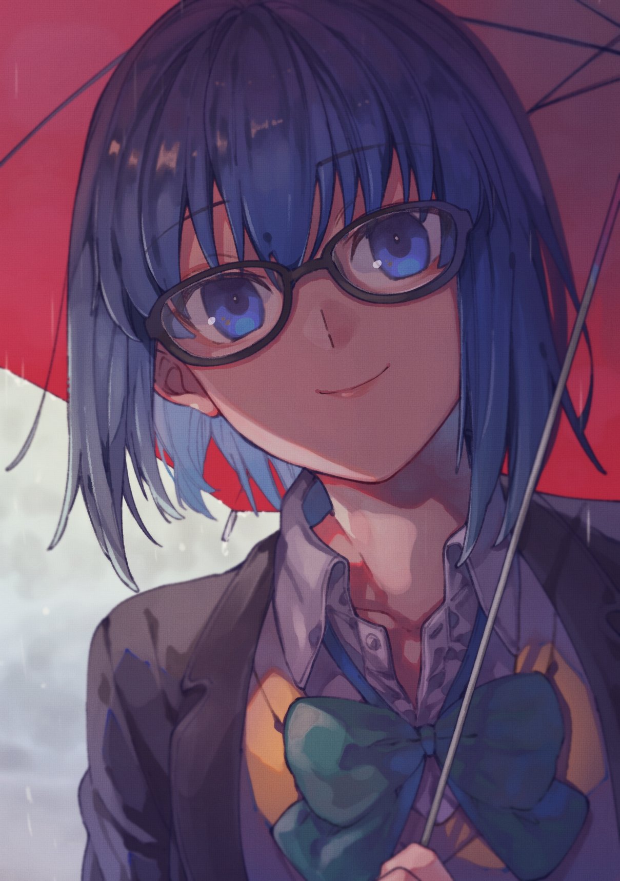 1girl, bangs, black-framed_eyewear, black_jacket, blue_eyes, blue_hair, bow, bowtie