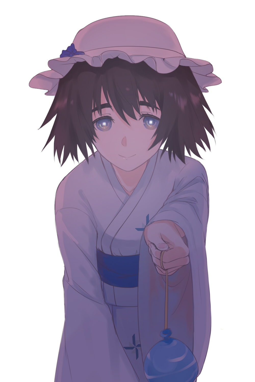 1girl, bangs, black_hair, blue_eyes, blue_headwear, blue_kimono, commentary_request, frills