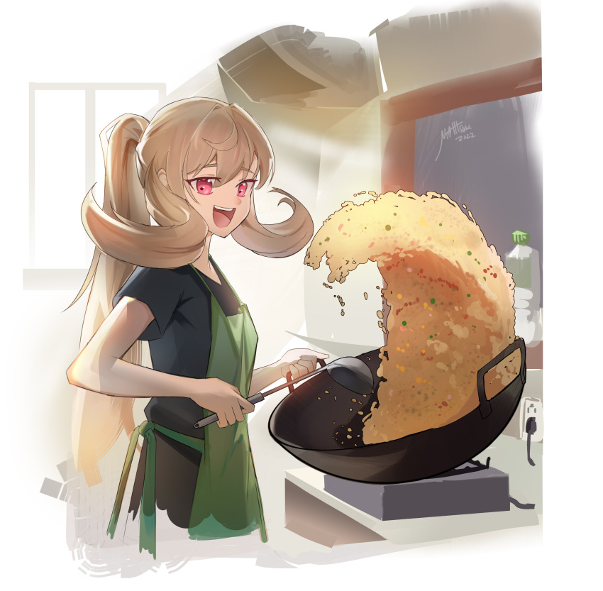 1girl, :d, absurdres, alternate_costume, alternate_hairstyle, apron, bangs, black_shirt