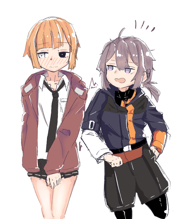 2girls, blush, cosplay, costume_switch, creator_connection, girls_frontline, grey_hair, heterochromia