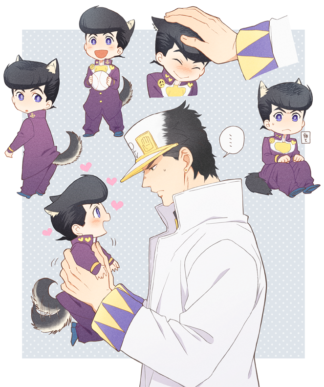 ..., :<, animal_ears, black_hair, blush, chibi, coat, dog_boy