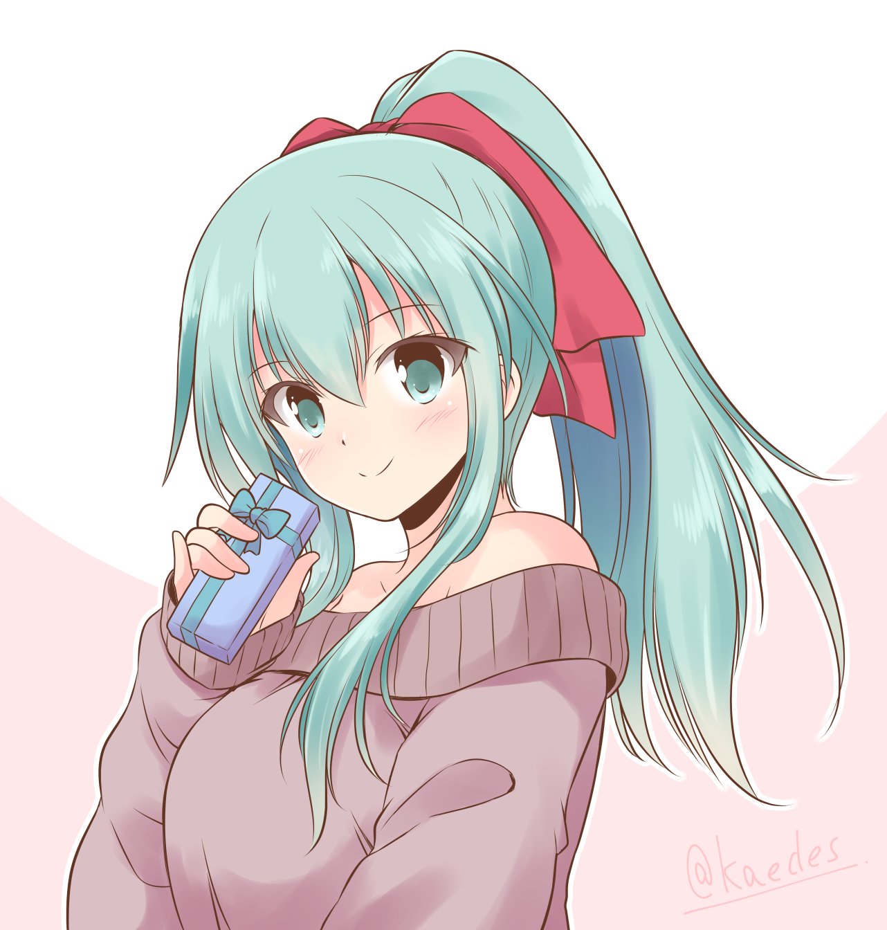 1girl, alternate_costume, alternate_hairstyle, aqua_eyes, aqua_hair, bare_shoulders, blush, box