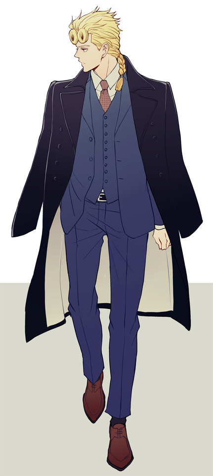 1boy, alternate_costume, blonde_hair, braid, braided_ponytail, formal, full_body, giorno_giovanna