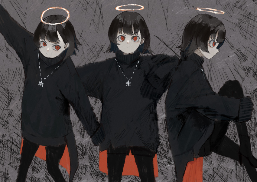 3girls, black_hair, black_legwear, black_sweater, closed_mouth, commentary, cowboy_shot, daruma_karei