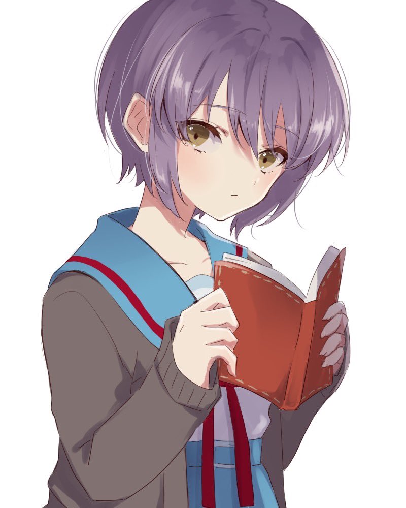 1girl, bangs, belt, blue_sailor_collar, blue_skirt, blush, book, brown_cardigan