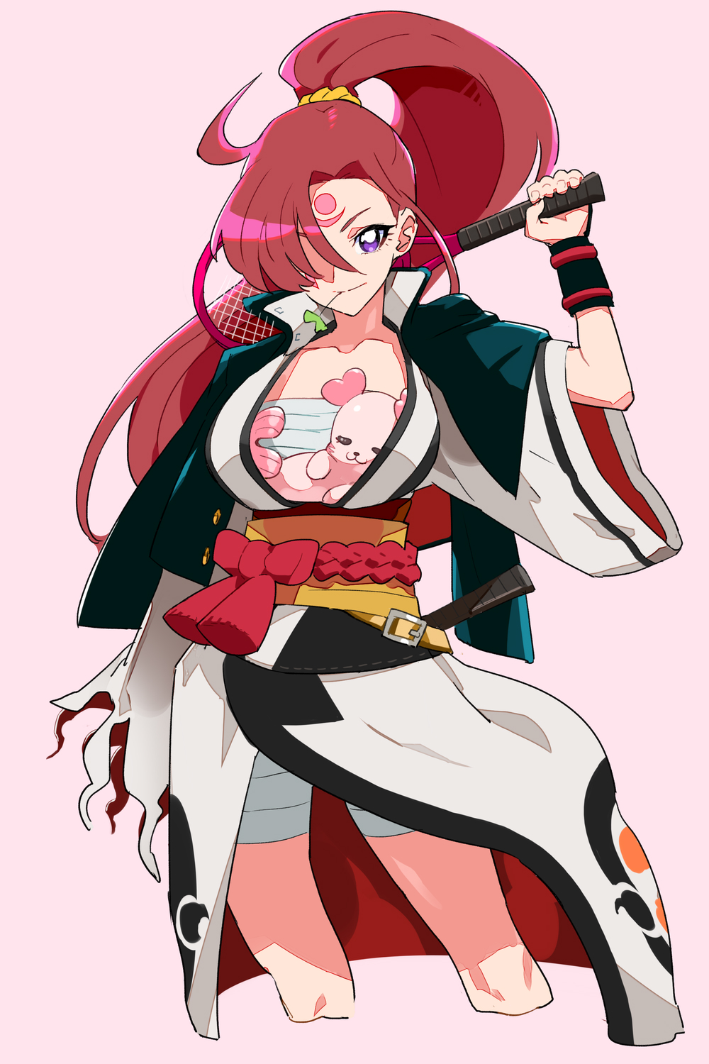 1girl, baiken, baiken_(cosplay), cosplay, facial_tattoo, guilty_gear, hair_over_one_eye, highres