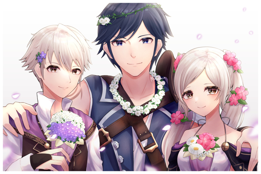 1girl, 2boys, blue_hair, bouquet, chrom_(fire_emblem), dual_persona, fire_emblem, fire_emblem_awakening