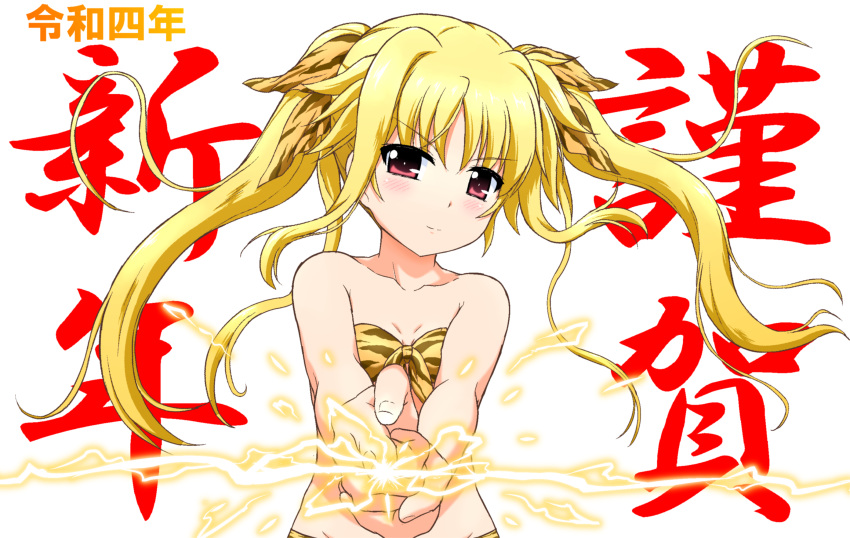1girl, animal_print, background_text, bangs, bikini, blonde_hair, breasts, chinese_zodiac