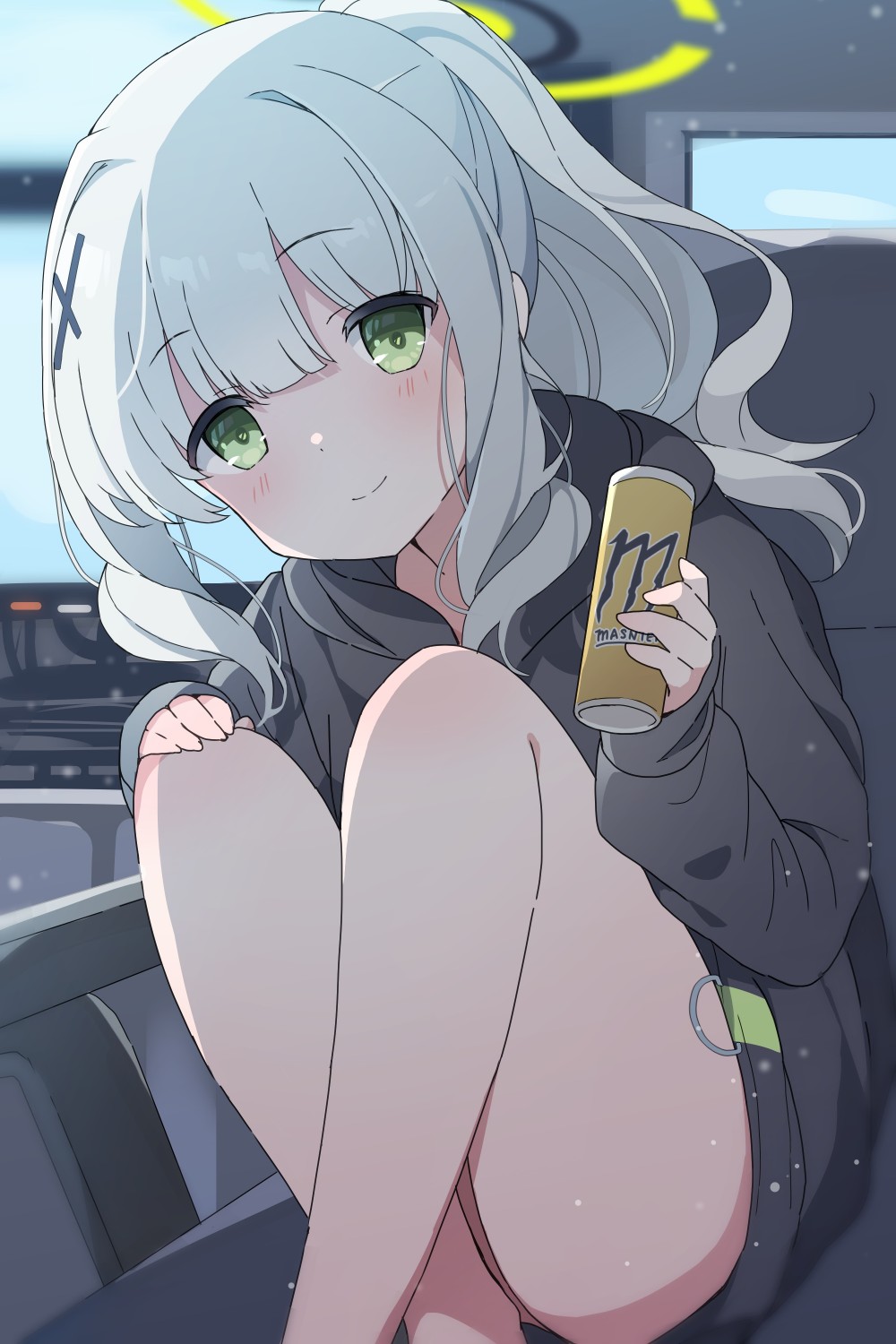1girl, bangs, black_hoodie, blue_archive, blush, can, chair, energy_drink