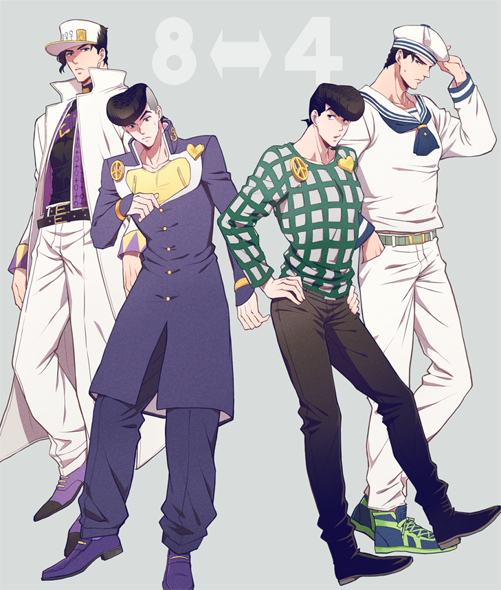 4boys, adjusting_clothes, adjusting_headwear, black_hair, coat, cosplay, costume_switch, diamond_wa_kudakenai