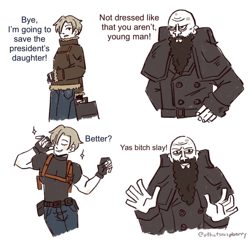 2boys, bald, beard, belt, bitores_mendez, black_shirt, blonde_hair, bomber_jacket