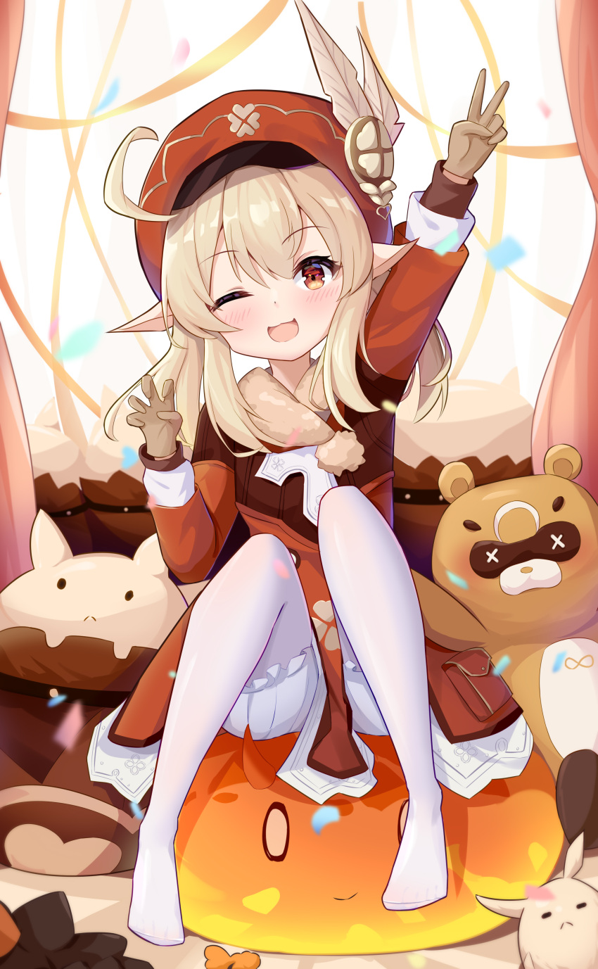 1girl, ;d, aaaaabk!, absurdres, ahoge, alternate_hairstyle, bear, blonde_hair