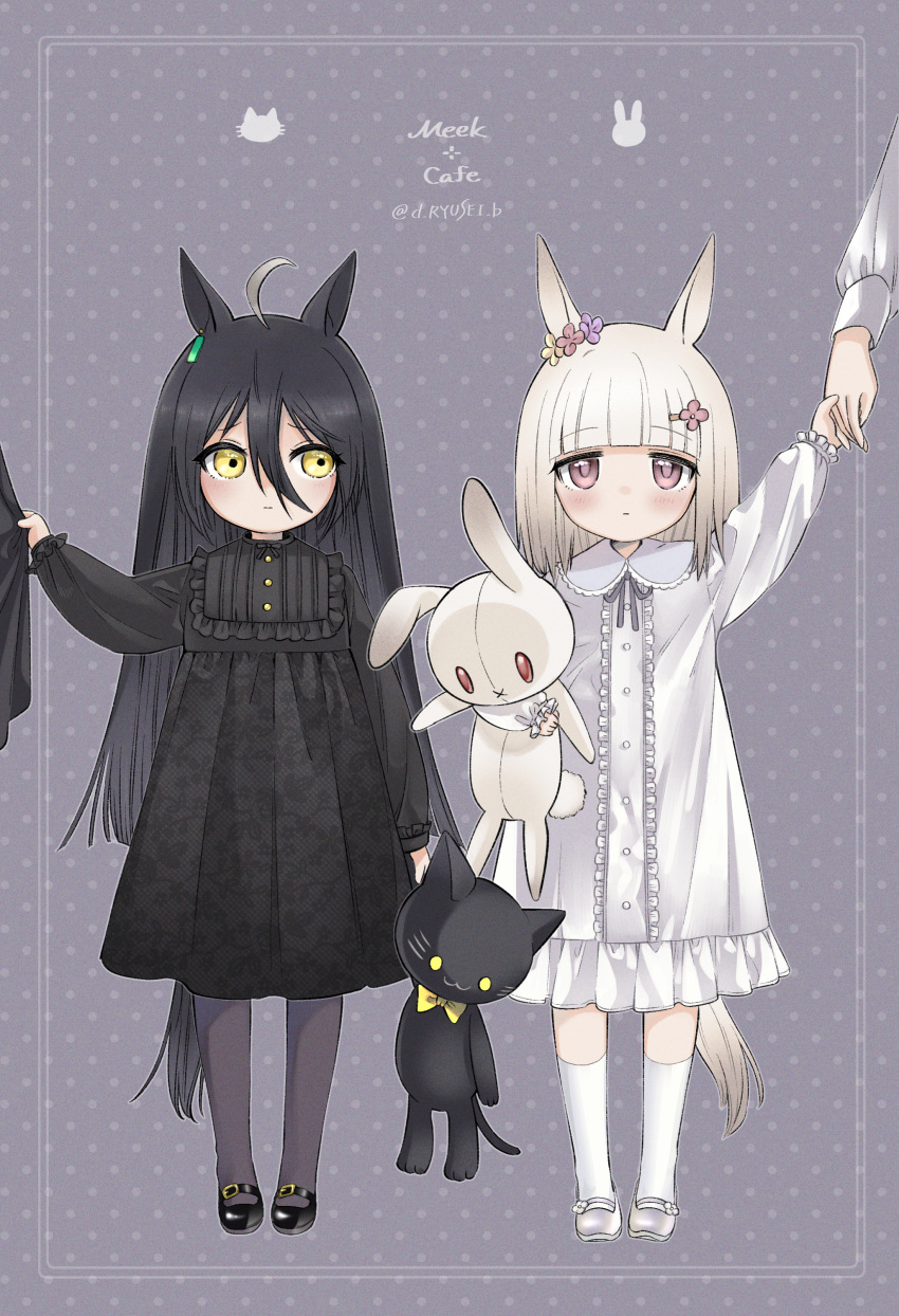2girls, absurdres, ahoge, animal_ears, bangs, black_dress, black_footwear, black_hair