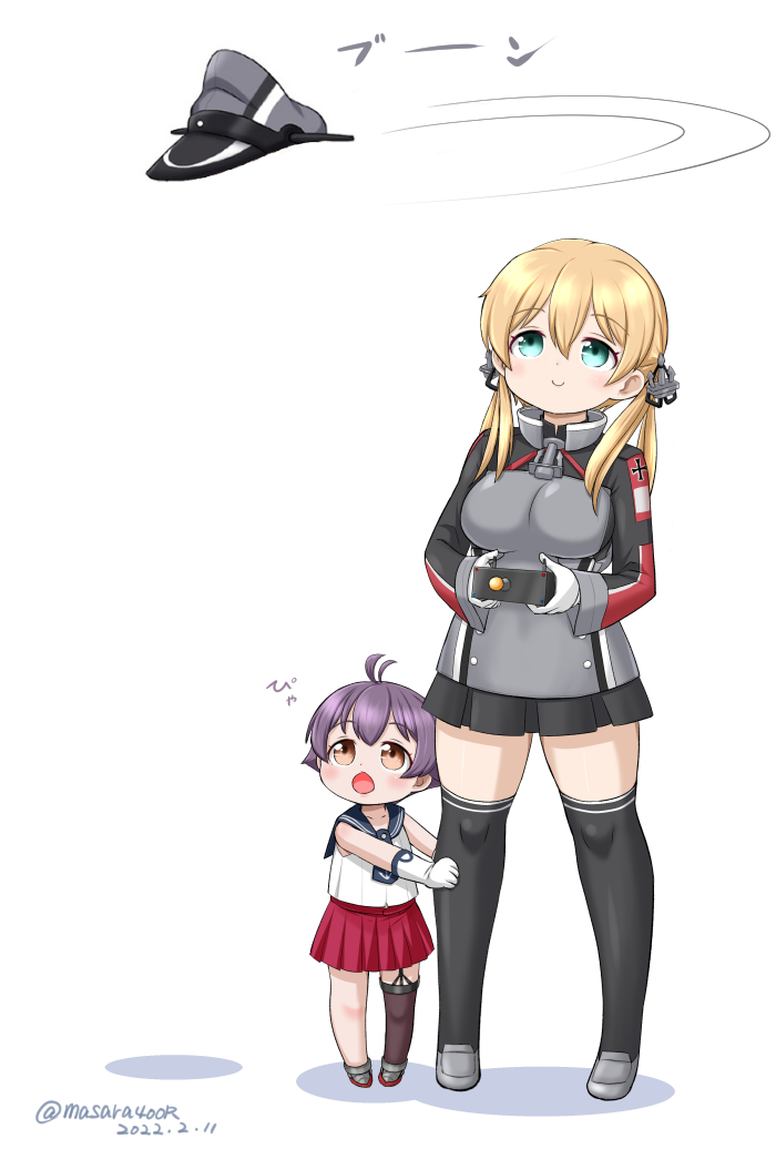 2girls, anchor_hair_ornament, antenna_hair, aqua_eyes, black_legwear, black_sailor_collar, black_skirt, blonde_hair