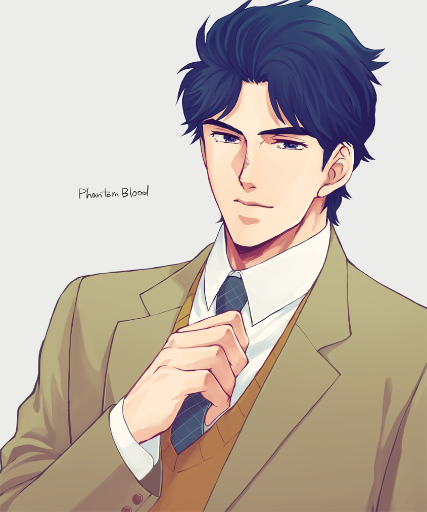 1boy, adjusting_clothes, adjusting_necktie, blue_eyes, blue_hair, copyright_name, formal, haruko_(chikadoh), jojo_no_kimyou_na_bouken, jonathan_joestar, male_focus, necktie, phantom_blood, solo, suit, sweater_vest