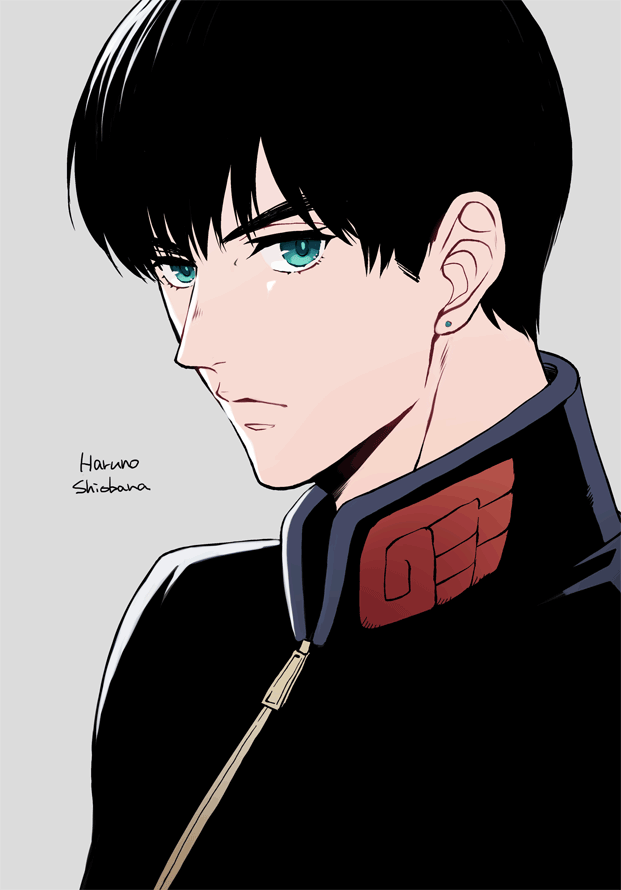 1boy, adapted_costume, black_hair, blue_eyes, bowl_cut, earrings, giorno_giovanna, hair_down