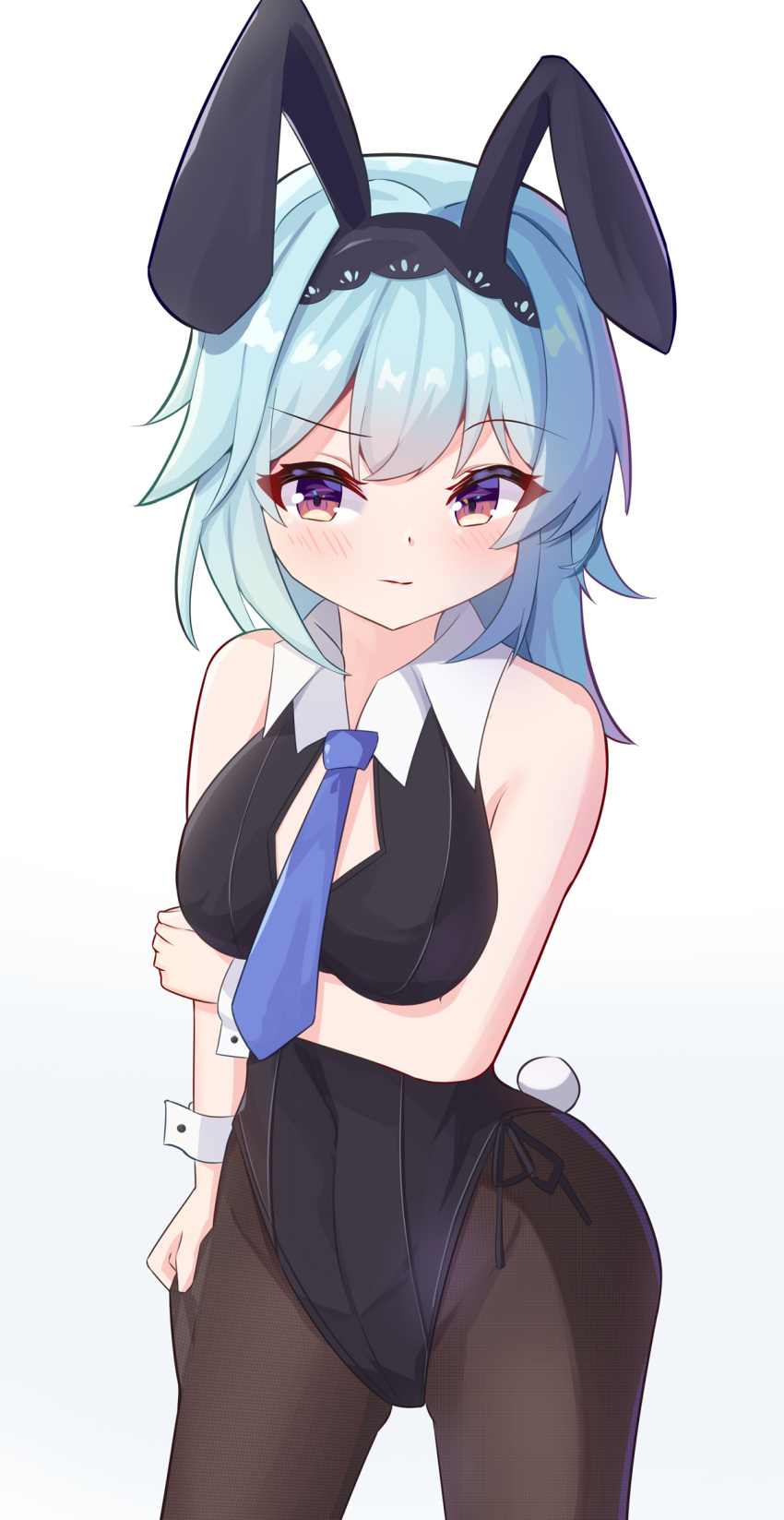 1girl, aaaaabk!, age_difference, alternate_hair_length, alternate_hairstyle, animal_ears, ass_visible_through_thighs, bare_arms, bare_shoulders, between_breasts, black_headband, black_legwear, blue_hair, breast_hold, breasts, center_opening, closed_mouth, commentary_request, covered_navel, cowboy_shot, eula_(genshin_impact), eyebrows_visible_through_hair, fake_animal_ears, genshin_impact, hair_between_eyes, headband, highleg, highleg_leotard, highres, lace_trim, legs_apart, leotard, light_blue_hair, looking_at_viewer, medium_breasts, medium_hair, multicolored_eyes, necktie, playboy_bunny, rabbit_tail, side-tie_leotard, simple_background, solo, striped, tail, vertical_stripes, white_background, wrist_cuffs, younger