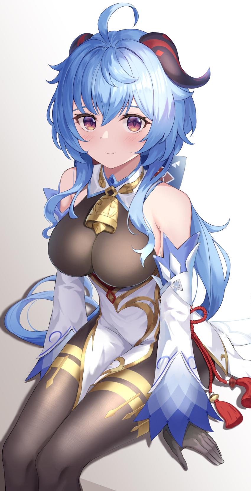 absurdres, ahoge, arm_support, bangs, bare_shoulders, bell, black_gloves, black_legwear