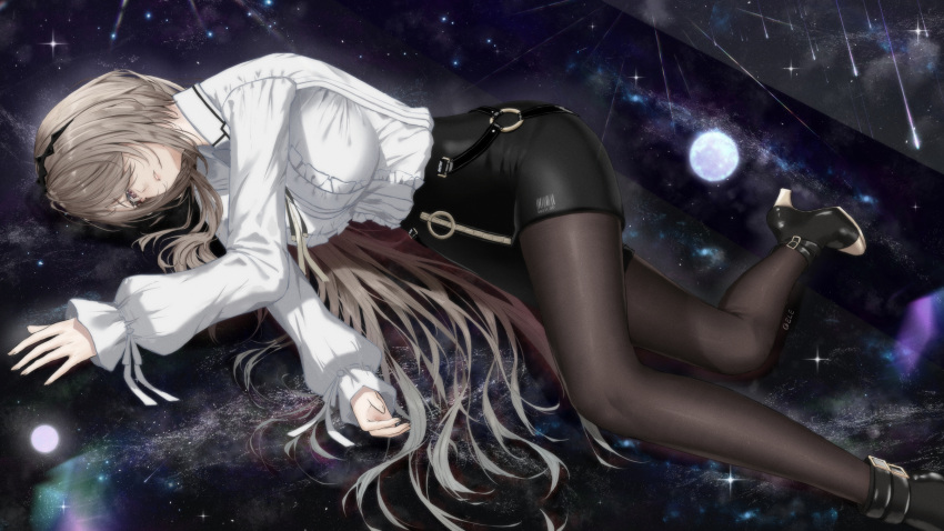 1girl, bangs, black_footwear, black_legwear, black_skirt, brown_hair, brown_legwear, eleaaa