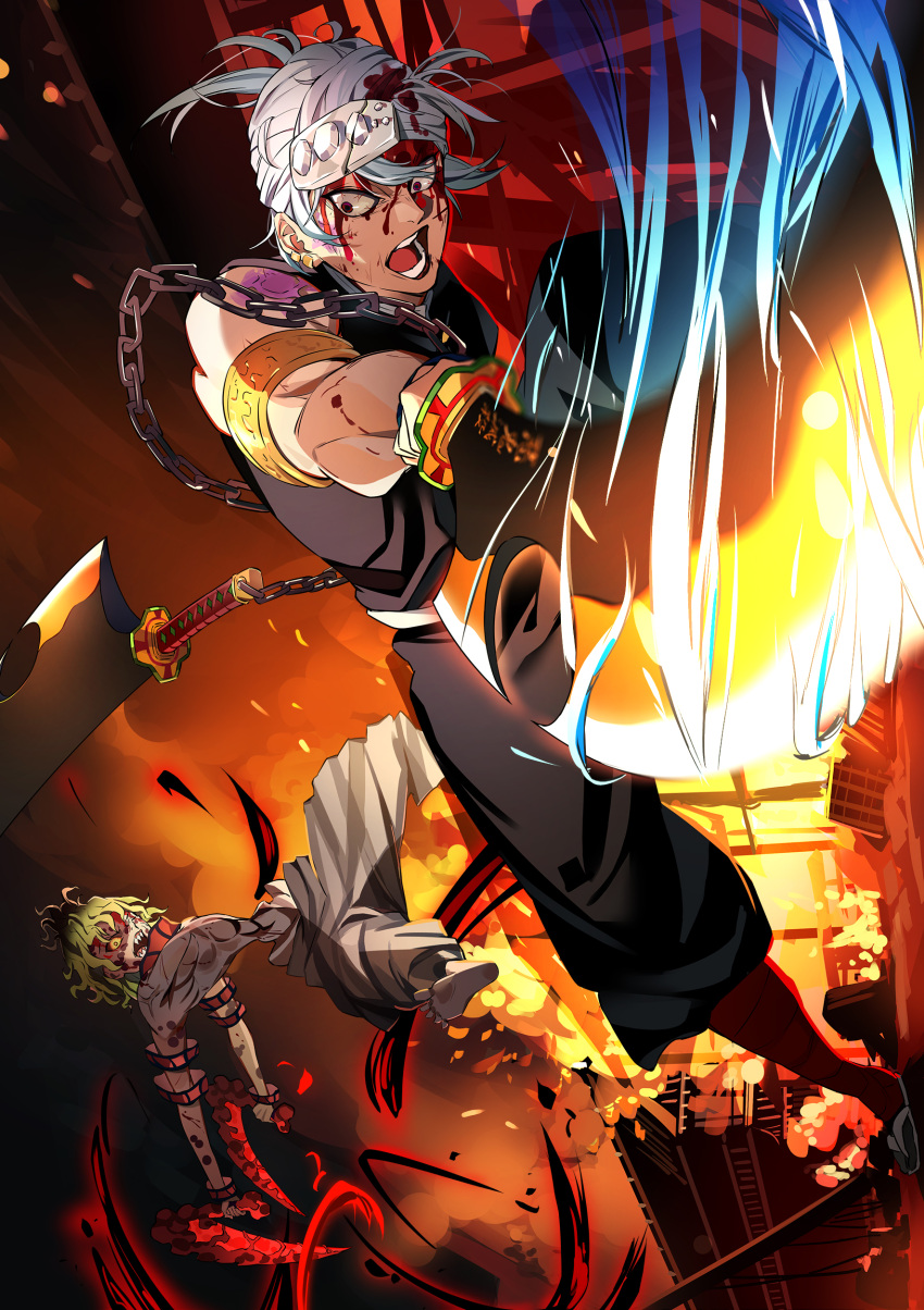2boys, absurdres, armlet, blood, blood_on_face, bloodshot_eyes, burning, chain