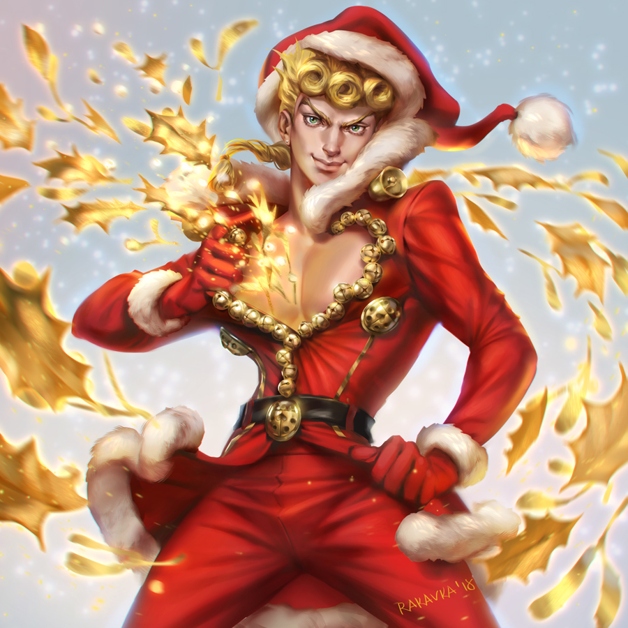 1boy, belt, blonde_hair, braid, braided_ponytail, christmas, giorno_giovanna, gloves