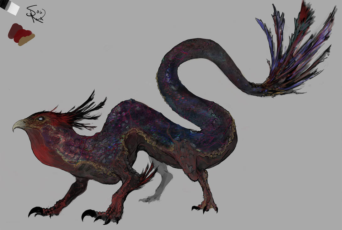 bird, blank_eyes, blue_skin, claws, colored_skin, creature, creature_and_personification, griffin, halycon450, long_tail, monster, no_humans, original, peak, pen, tail