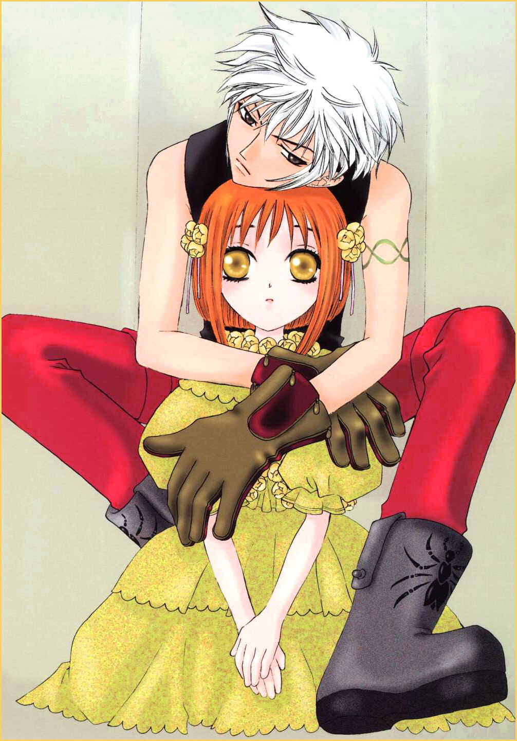 boots, dress, fruits_basket, gloves, hug, jpeg_artifacts, orange_hair, sohma_hatsuharu
