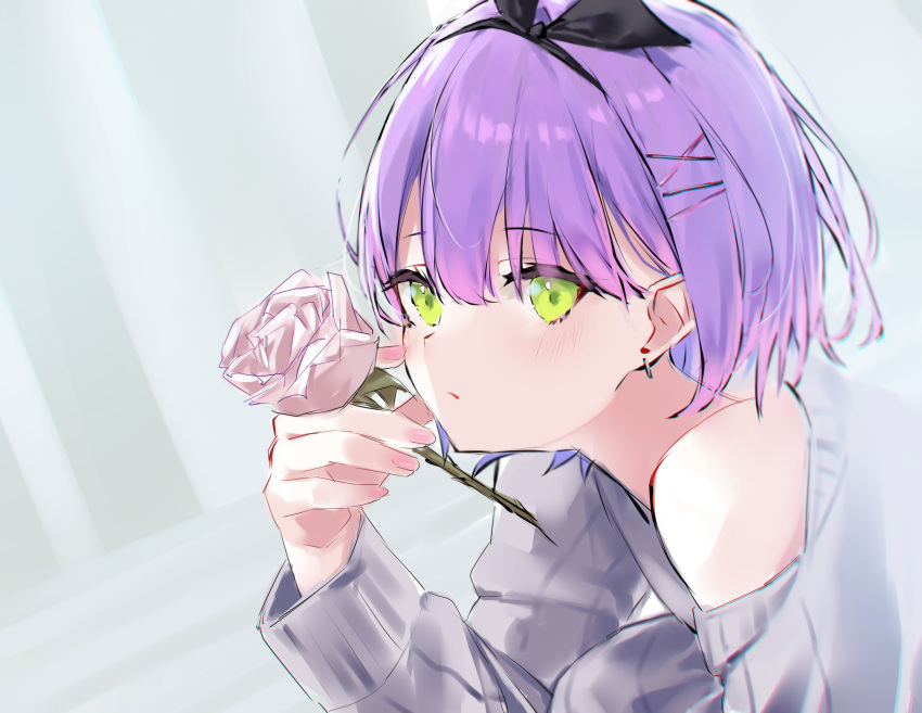 1girl, absurdres, alternate_costume, alternate_hairstyle, aru3k, black_ribbon, blush, ear_piercing