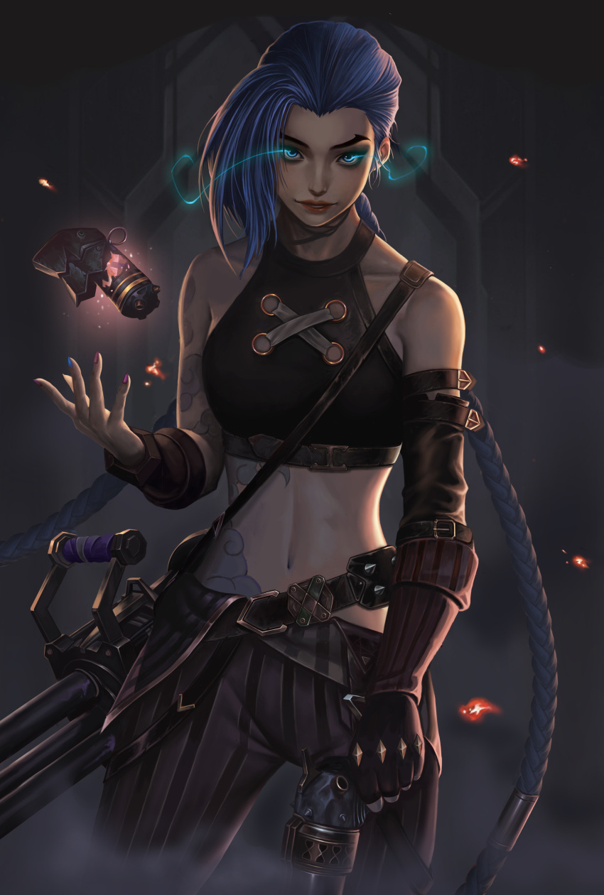 1girl, absurdres, arcane:_league_of_legends, arcane_jinx, arm_tattoo, asymmetrical_bangs, bangs, bare_shoulders, belt, blue_eyes, blue_hair, blue_nails, bomb, braid, collarbone, cowboy_shot, crop_top, elbow_gloves, embers, explosive, eye_trail, fingerless_gloves, flat_chest, gatling_gun, gloves, grenade, gun, hand_up, handgun, highres, holding, holding_gun, holding_weapon, jason8818024, jinx_(league_of_legends), league_of_legends, lips, long_hair, looking_at_viewer, minigun, multicolored_nails, nail_polish, navel, pants, parted_lips, pink_nails, pistol, shirt, single_elbow_glove, single_fingerless_glove, single_wrist_cuff, sleeveless, sleeveless_shirt, smoke, solo, stomach, stomach_tattoo, strap, striped, striped_pants, tattoo, throwing, twin_braids, very_long_hair, weapon, wrist_cuffs