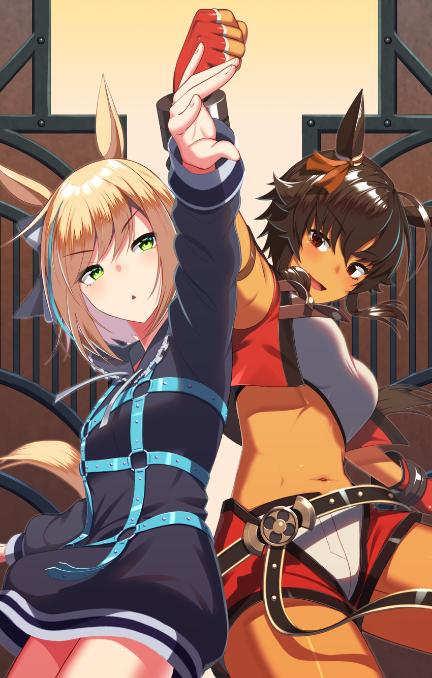 2girls, :d, animal_ears, arm_strap, arm_up, armpits, bangs, belt