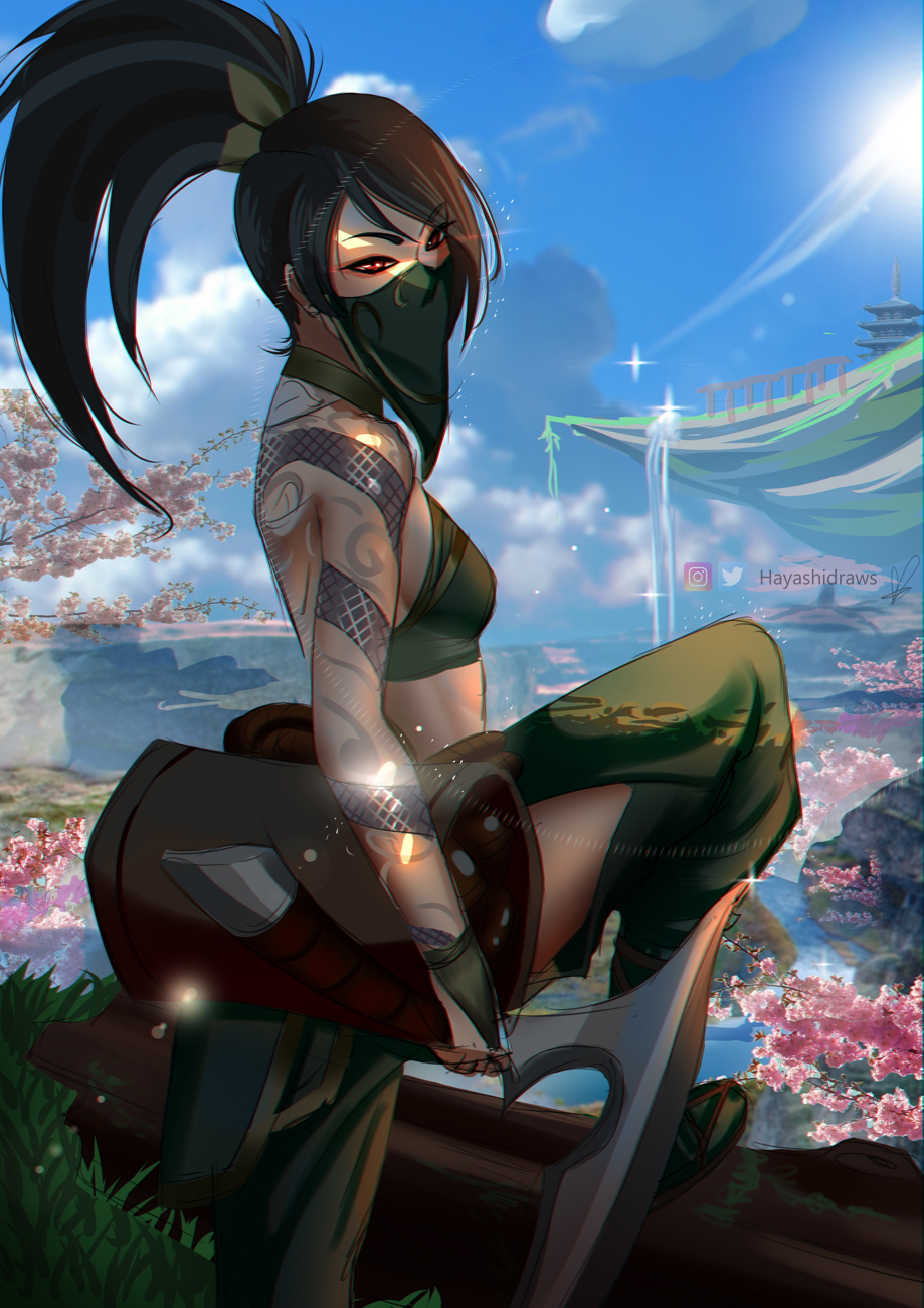 1girl, akali, arm_tattoo, artist_name, bangs, black_hair, blue_sky, breasts
