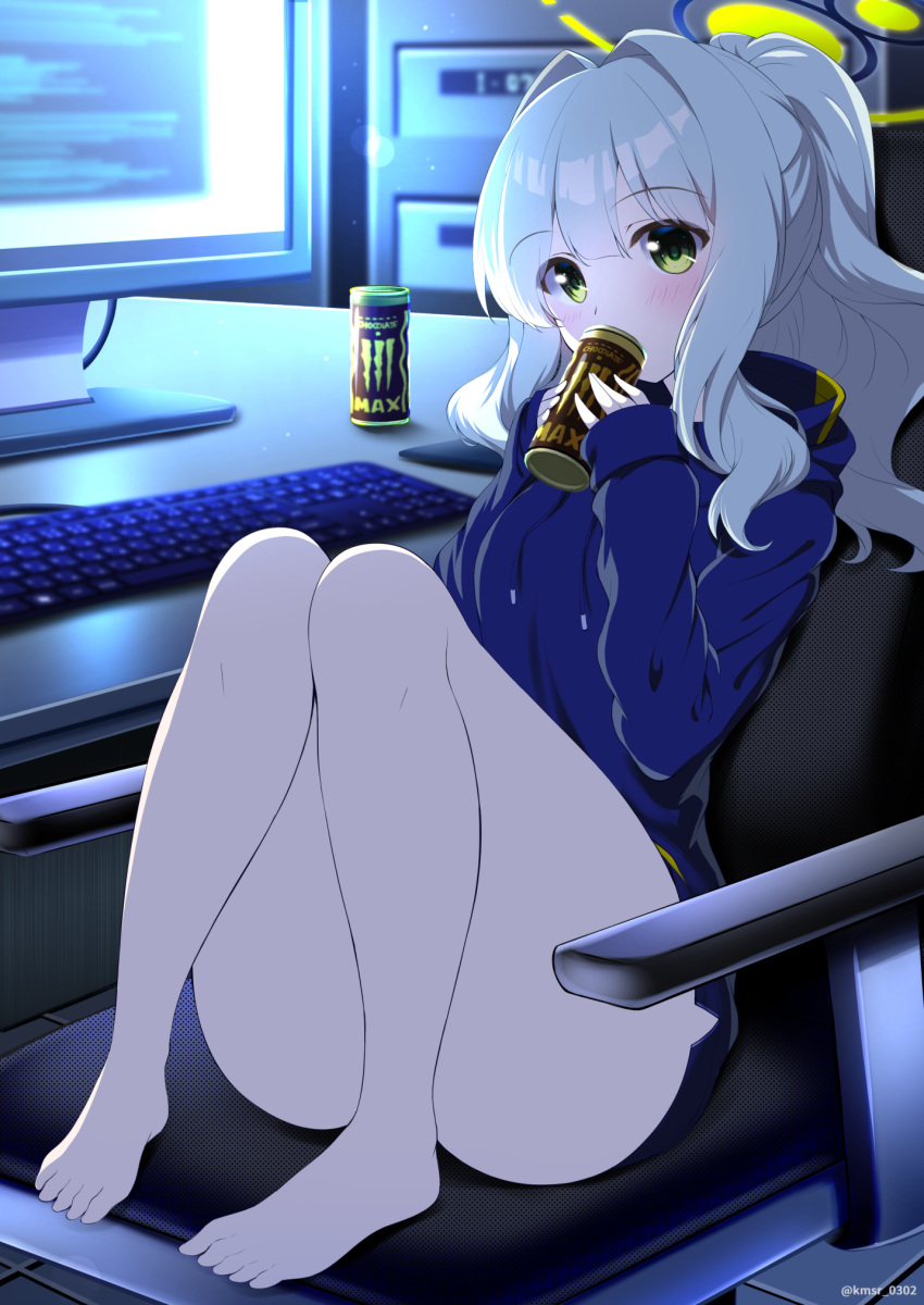 1girl, bangs, blue_archive, blue_hoodie, blush, can, chair, commentary_request, covered_mouth, desk, energy_drink, eyebrows_visible_through_hair, green_eyes, grey_hair, hair_between_eyes, halo, hands_up, hare_(blue_archive), highres, holding, holding_can, hood, hood_down, hoodie, indoors, kamishiro_(rsg10679), keyboard_(computer), knees_up, long_hair, long_sleeves, monitor, monster_energy, mousepad_(object), office_chair, on_chair, ponytail, sitting, sleeves_past_wrists, solo