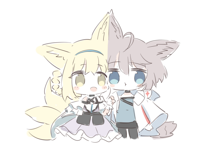 2girls, :d, :t, animal_ear_fluff, animal_ears, bangs, bare_shoulders, black_legwear, black_skirt, blonde_hair, blue_eyes, blue_hairband, blue_shirt, braid, brown_eyes, brown_hair, chibi, closed_mouth, commentary_request, cropped_legs, eyebrows_visible_through_hair, fox_ears, fox_girl, fox_tail, frilled_skirt, frills, gloves, hair_between_eyes, hair_rings, hairband, jacket, kitsune, multiple_girls, nashi_chai1346, open_clothes, open_jacket, pantyhose, pouty_lips, purple_skirt, shirt, simple_background, skirt, smile, sussurro_(arknights), suzuran_(arknights), tail, white_background, white_gloves, white_jacket, white_shirt