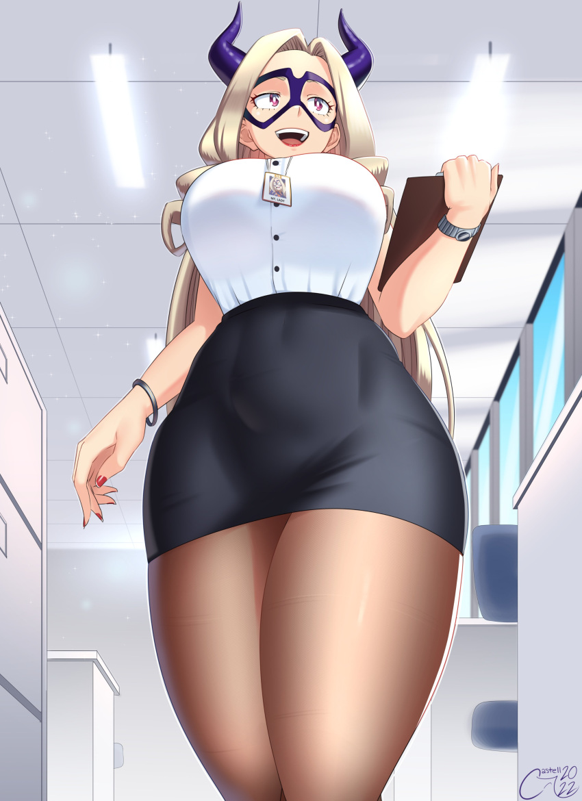 1girl, 2022, absurdres, alternate_costume, blonde_hair, blue_sky, boku_no_hero_academia, bracelet, breasts, castell, clipboard, desk, domino_mask, highres, horns, jewelry, lips, long_hair, mask, mount_lady, office, office_lady, pantyhose, perspective, platinum_blonde_hair, purple_horns, purple_mask, red_nails, shiny, shiny_clothes, shirt, signature, skirt, sky, sleeveless, sleeveless_shirt, solo, thick_thighs, thighs, violet_eyes, watch, watch, white_shirt, window