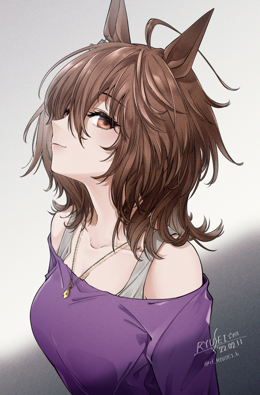 1girl, agnes_tachyon_(umamusume), ahoge, animal_ears, artist_name, brown_hair, closed_mouth, collarbone