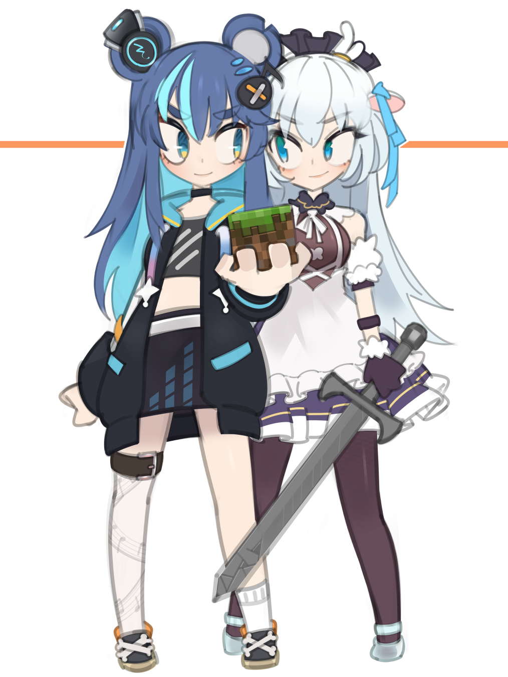 2girls, animal_ears, antlers, bear_ears, bear_girl, black_jacket, black_legwear, blue_eyes