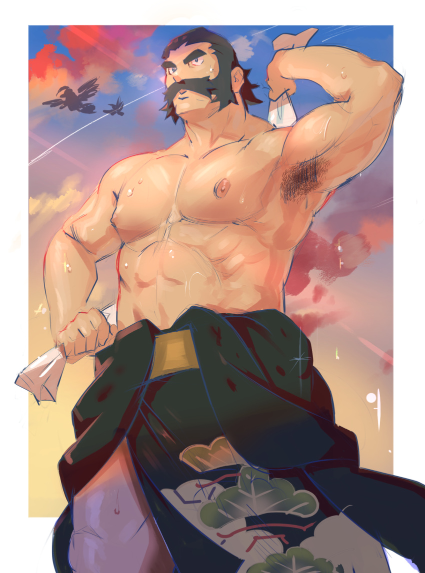 1boy, abs, armpit_hair, biceps, black_eyes, black_hair, border, bright_pupils