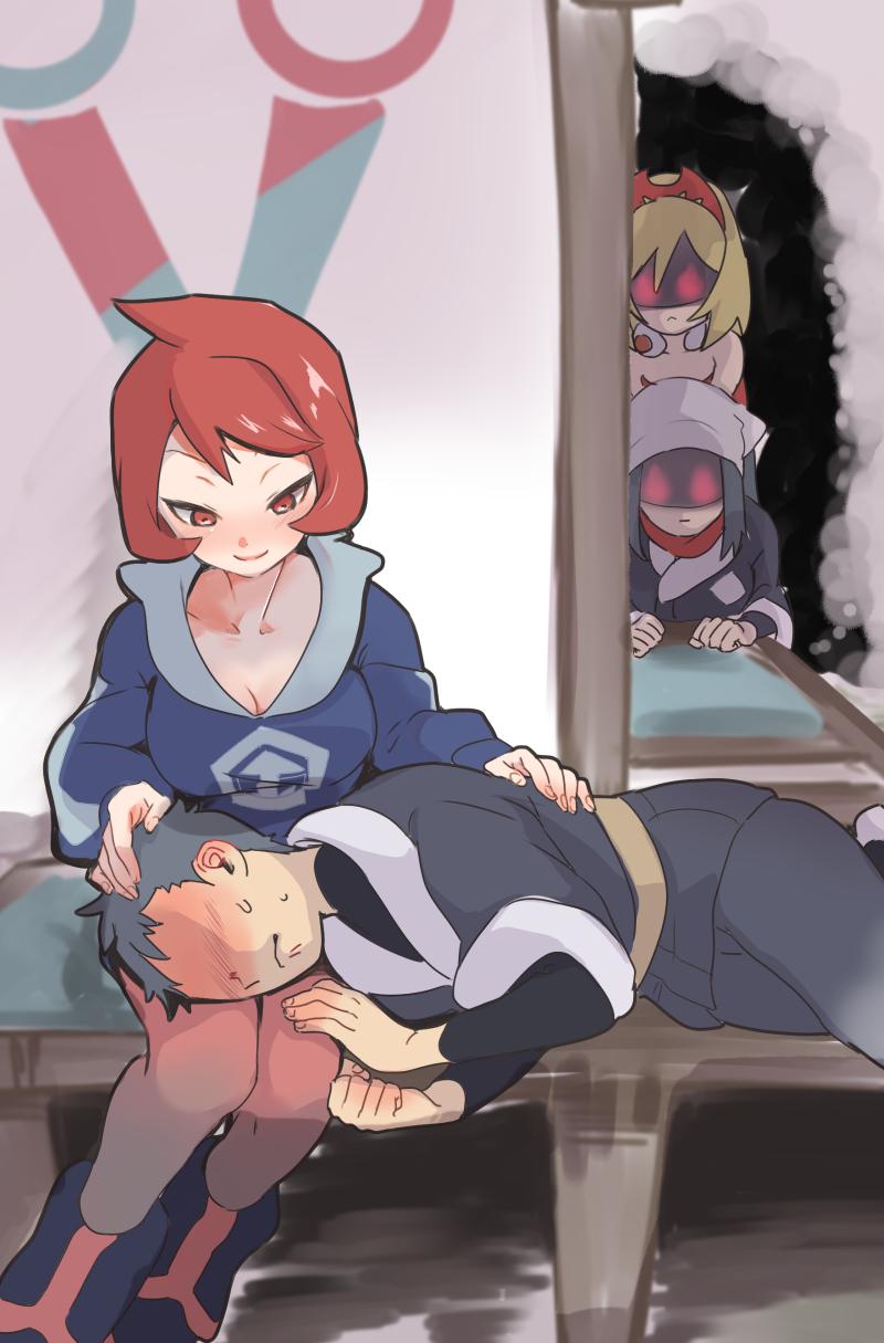 1boy, 3girls, akari_(pokemon), arezu_(pokemon), aura, bangs, black_hair, blonde_hair