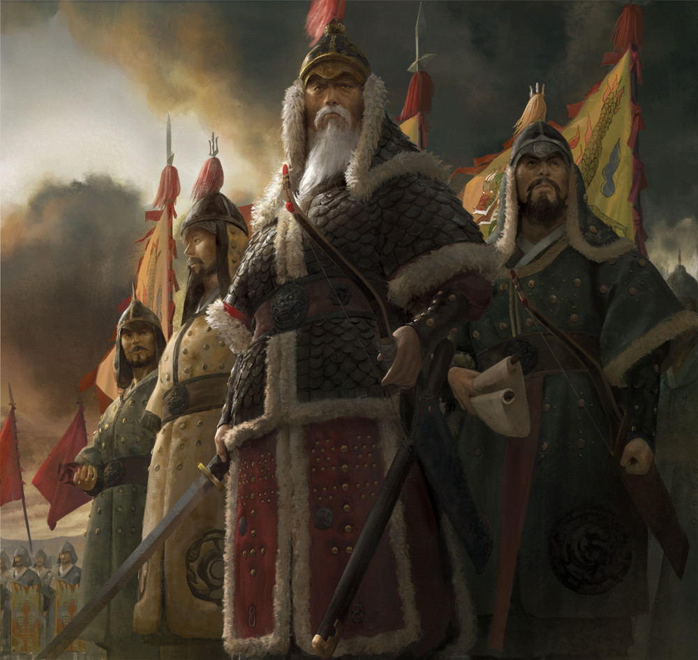 6+boys, armor, beard, bow_(weapon), clenched_hand, day, facial_hair, flag