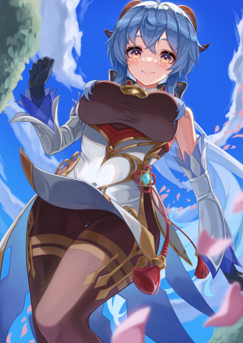 1girl, absurdres, ahoge, bare_shoulders, bell, black_gloves, blue_hair, blue_sky